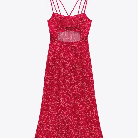 NWOT Zara Floral Polka Dot Midi  Red Dress With Cut-Out Back Details Size L - Picture 3 of 14